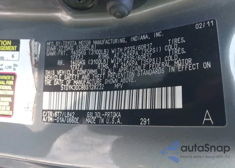 2011 Toyota Sienna Xle V6 from USA, damaged, VIN 5TDYK3DC8BS128232